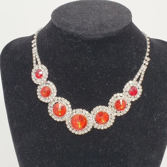 COSTUME JEWELRY SET NECKLACE BRACELET EARRINGS RED & CLEAR RHINESTONE BLING PROM - Picture 10 of 15